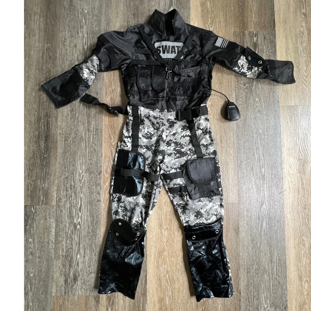 Teetot SWAT Costume Kids 7-8 Black Gray Digital Camo Tactical Police Jumpsuit